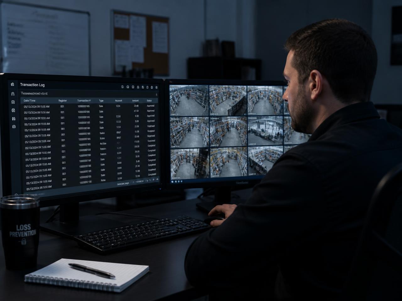 Loss prevention reviewer comparing a POS transaction log against live security camera feeds